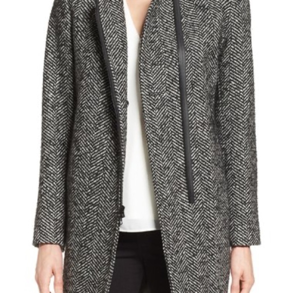 Trina Turk Adela' Asymmetrical Zip Notch Collar Coat, Black/White